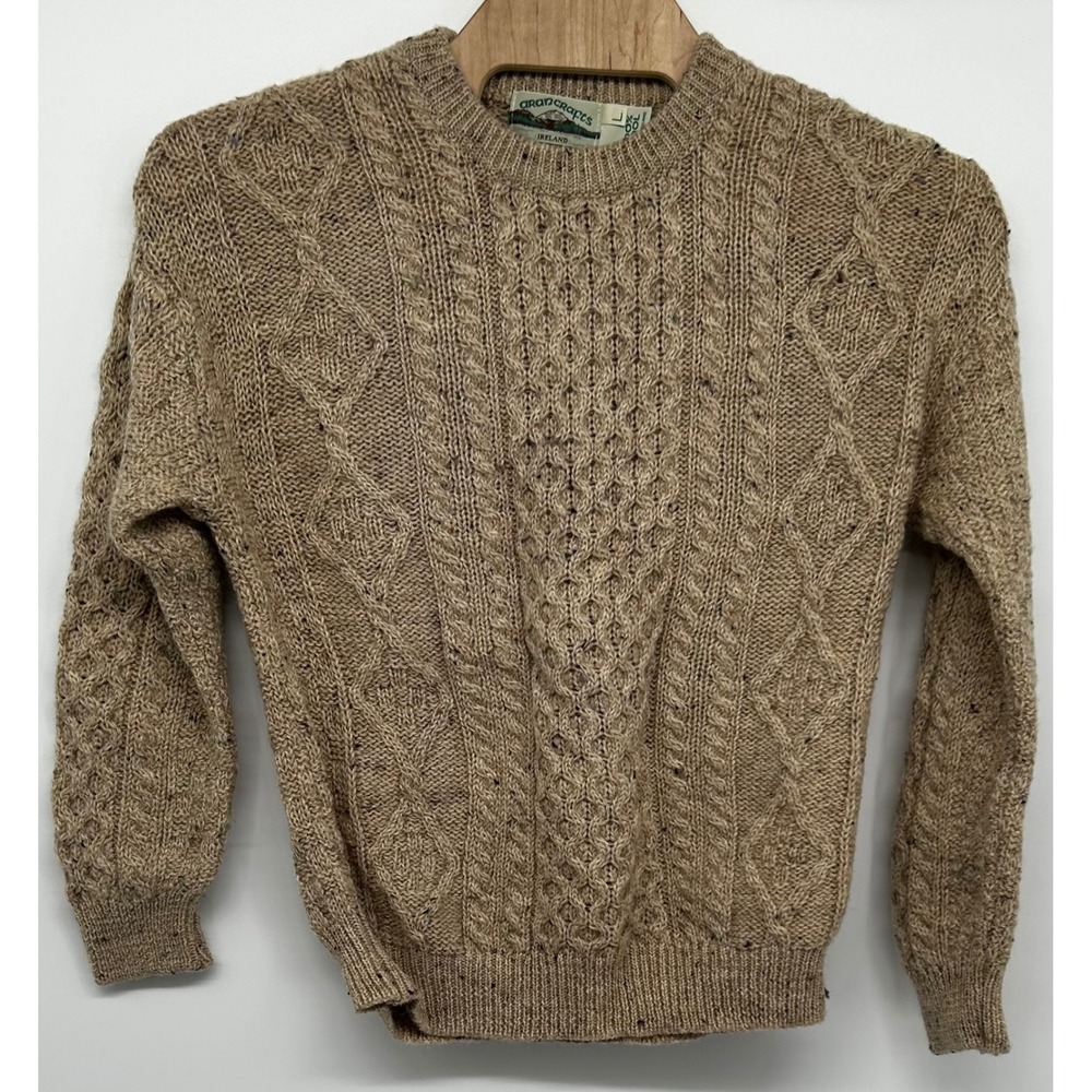 Aran Crafts Ireland Wool Cable Knit Sweater Oatmeal Tan Men's Large L 100% Wool